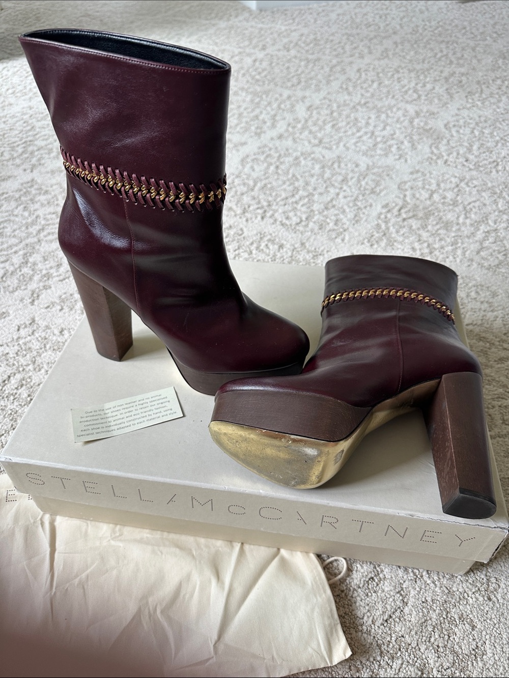 Stella McCartney Burgundy Platform Block Heel Ankle Boots with Braided Trim